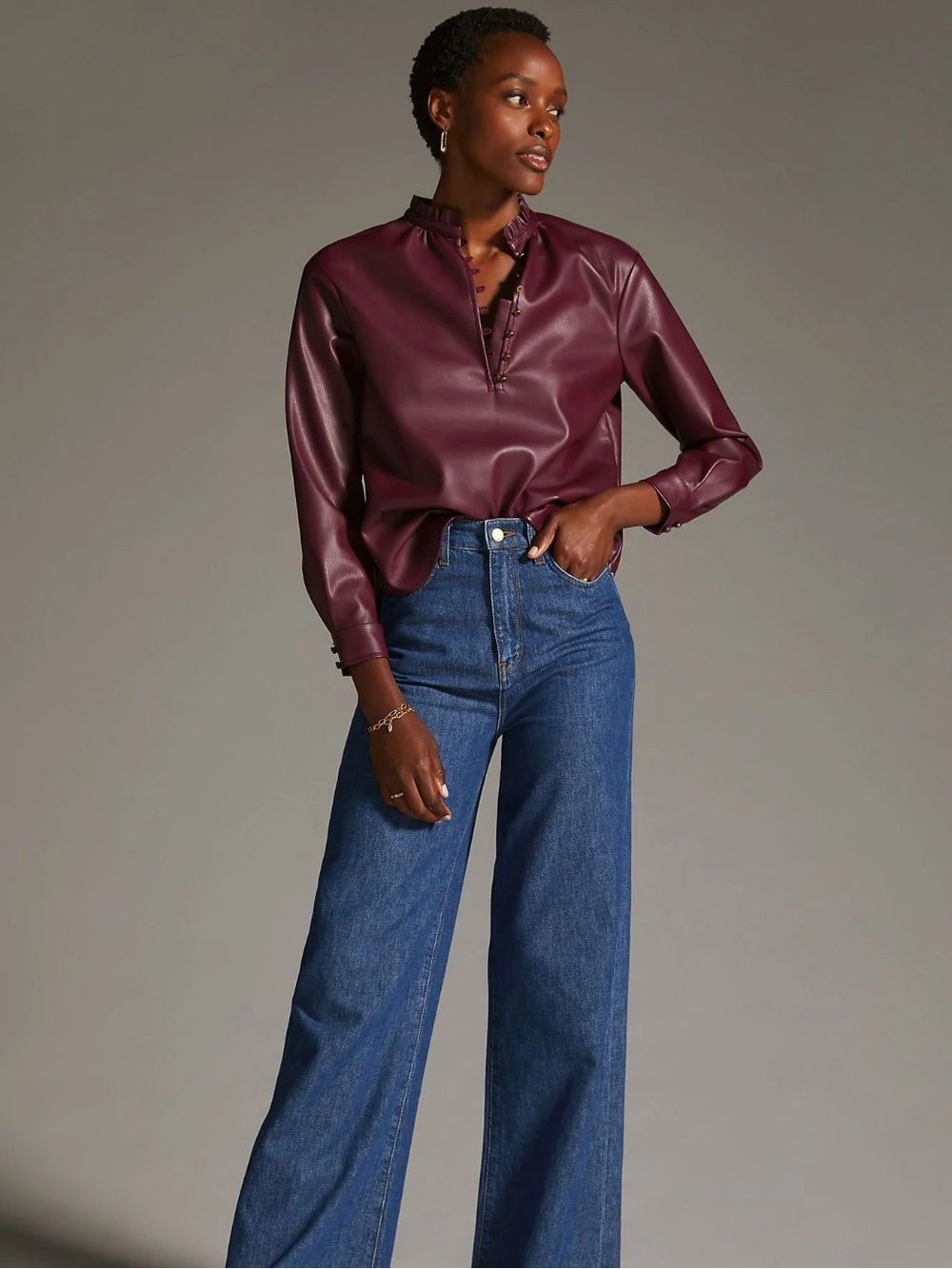 Pilcro Burgundy Faux Leather Blouse XXS